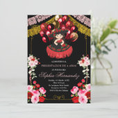 Mexicaans Rood en Goud Meisje Charra Ballon Mis Qu Kaart (Staand voorkant)