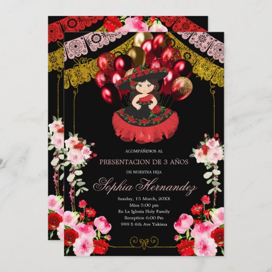 Mexicaans Rood en Goud Meisje Charra Ballon Mis Qu Kaart (Voorkant / Achterkant)