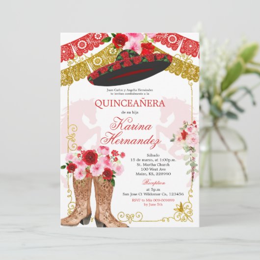 Mexicaans Rood en Goud Meisje Mis Quince Uitnodigi Kaart (Staand voorkant)