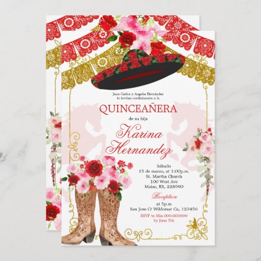Mexicaans Rood en Goud Meisje Mis Quince Uitnodigi Kaart (Voorkant / Achterkant)