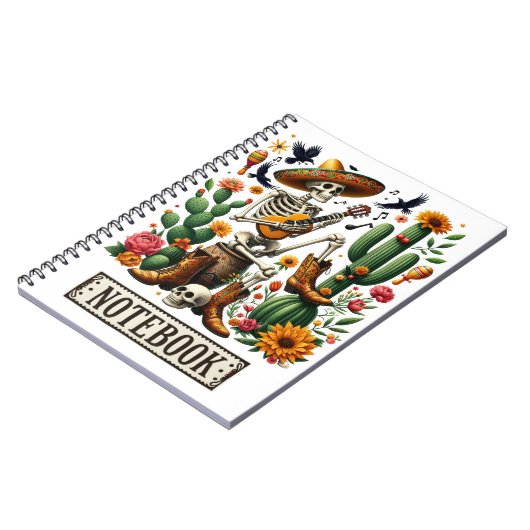 Mexicaans skelet speelt gitaar tussen cactussen notitieboek (Linkerzijde)