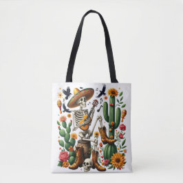 Mexicaans skelet speelt gitaar tussen cactussen tote bag