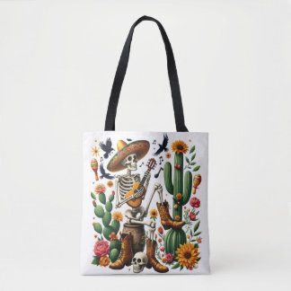 Mexicaans skelet speelt gitaar tussen cactussen tote bag