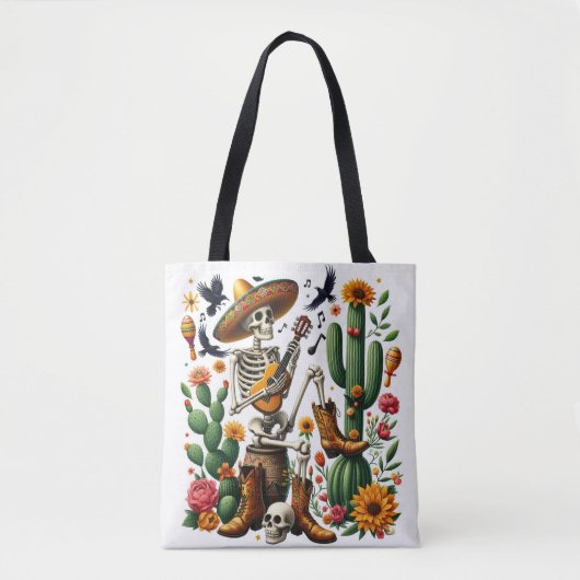 Mexicaans skelet speelt gitaar tussen cactussen tote bag (Voorkant)