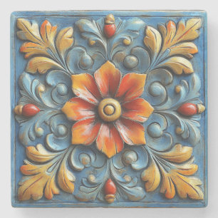 Mexicaans Spaans Floral Sinaasappel en blauw Stenen Onderzetter