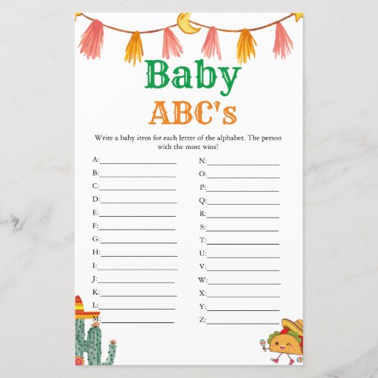 Mexicaans Taco script Baby Abc's baby shower spel (Voorkant)
