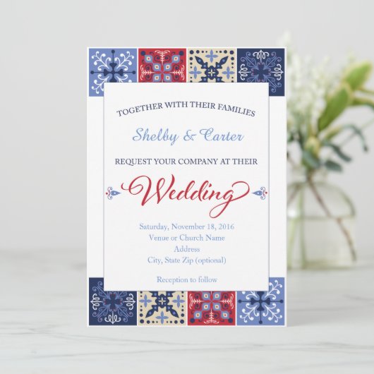 Mexicaans Talavera Tile Wedding Uitnodiging (Staand voorkant)