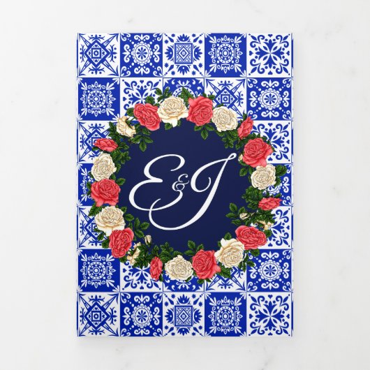 Mexicaans Tile Coral en Cream Rozen Weddenschap Drieluik Uitnodiging (Cover)