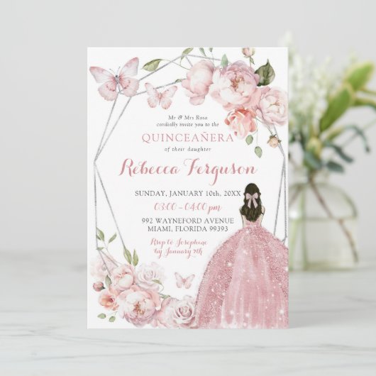 Mexicaans Zilveren Roze Bloemen Prinses Quinceañer Kaart (Staand voorkant)