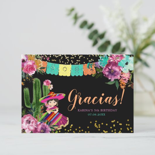 Mexicaans Zwart Kleurrijke Fiesta Bloemen Verjaard Bedankkaart (Staand voorkant)