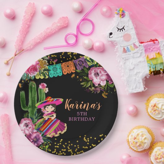 Mexicaans Zwart Kleurrijke Fiesta Bloemen Verjaard Papieren Bordje (Feest)