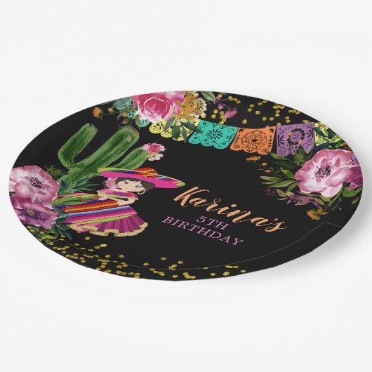 Mexicaans Zwart Kleurrijke Fiesta Bloemen Verjaard Papieren Bordje (Gekanteld)