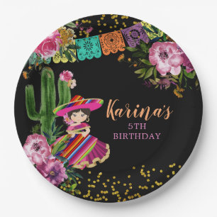 Mexicaans Zwart Kleurrijke Fiesta Bloemen Verjaard Papieren Bordje