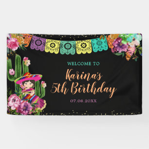 Mexicaans Zwart Kleurrijke Fiesta Bloemen Verjaard Spandoek