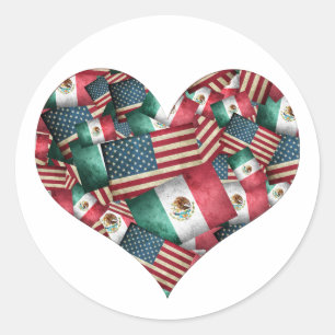 Mexicaanse/Amerikaanse vlaggen Hart Ronde Sticker