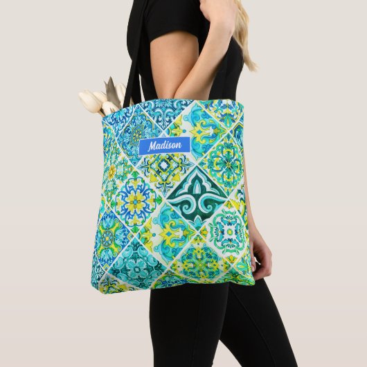 Mexicaanse aqua mint Siciliaanse mediterrane tegel Tote Bag (Dichtbij)