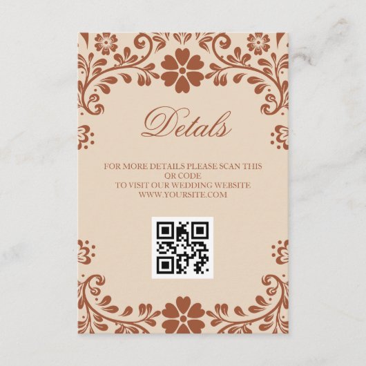 Mexicaanse Art Beige Wedding QR Details Informatiekaartje (Voorkant)