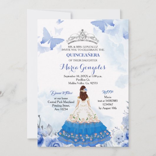 Mexicaanse baby Blue Butterfly Quinceanera Birthda Kaart (Voorkant)