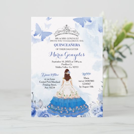 Mexicaanse baby Blue Butterfly Quinceanera Birthda Kaart (Staand voorkant)