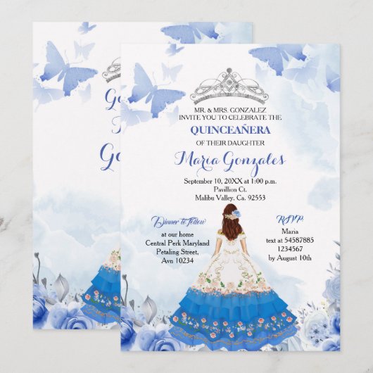 Mexicaanse baby Blue Butterfly Quinceanera Birthda Kaart (Voorkant / Achterkant)