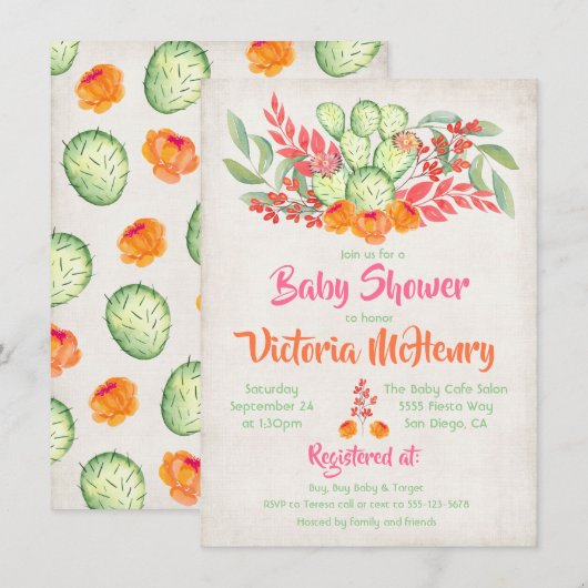 Mexicaanse baby shower waterverf cactus uitnodigin kaart (Voorkant / Achterkant)