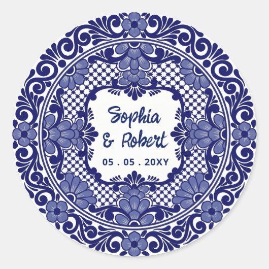 Mexicaanse Blauwe Talavera Bruiloft Ronde Sticker (Voorkant)