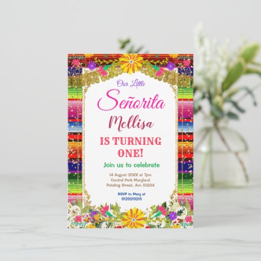 Mexicaanse bloem Glitter Girl Fiesta Birthday Kaart (Staand voorkant)