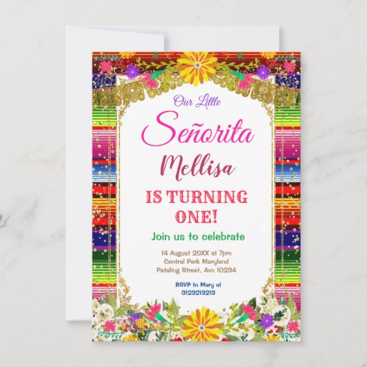 Mexicaanse bloem Glitter Girl Fiesta Birthday Kaart (Voorkant)