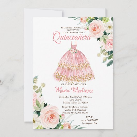 Mexicaanse bloem roze gouden prinses Quinceanera Kaart (Voorkant)
