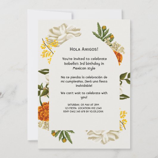 Mexicaanse Bloemen Drie Esta Verjaardag Uitnodigin Kaart (Achterkant)