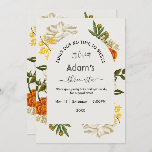 Mexicaanse Bloemen Drie Esta Verjaardag Uitnodigin Kaart (Voorkant / Achterkant)
