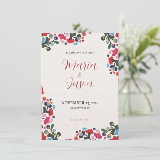 Mexicaanse Bloemen Elegante Kleurrijke Fiesta Huwe Save The Date (Staand voorkant)