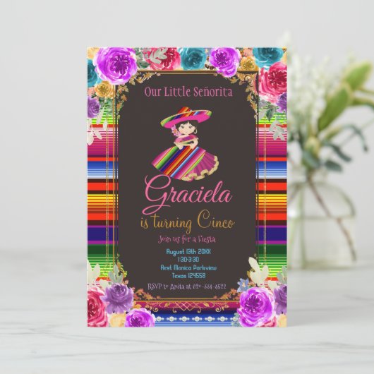 Mexicaanse bloemen Fiesta Birthday Gold Girl Kaart (Staand voorkant)