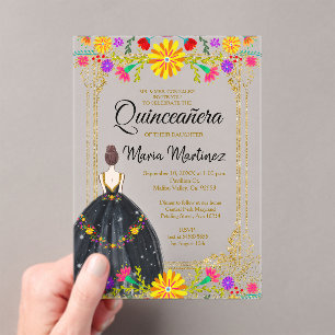 Mexicaanse bloemen met gouden zwarte Quinceañera Acryl Uitnodigingen