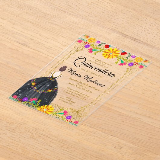 Mexicaanse bloemen met gouden zwarte Quinceañera Acryl Uitnodigingen (Laagn)