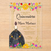 Mexicaanse bloemen met gouden zwarte Quinceañera Acryl Uitnodigingen (Voorkant)