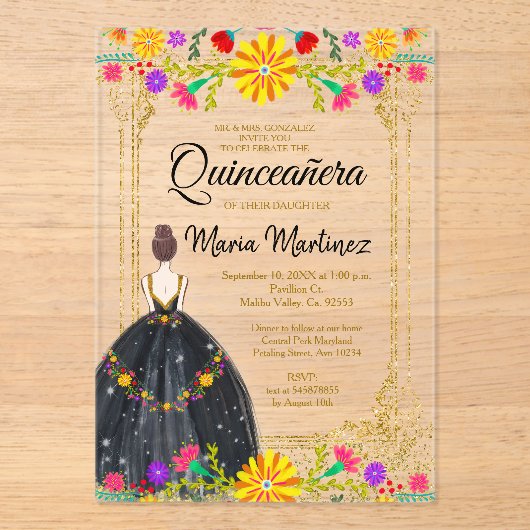 Mexicaanse bloemen met gouden zwarte Quinceañera Acryl Uitnodigingen (Voorkant)