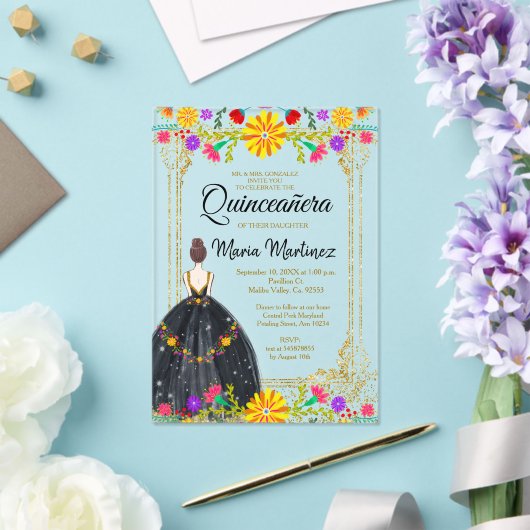 Mexicaanse bloemen met gouden zwarte Quinceañera Acryl Uitnodigingen (Insitu (Huwelijk))