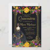 Mexicaanse bloemen met gouden zwarte Quinceañera Kaart (Voorkant)