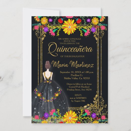 Mexicaanse bloemen met gouden zwarte Quinceañera Kaart (Voorkant)