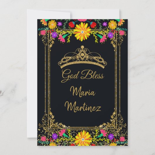 Mexicaanse bloemen met gouden zwarte Quinceañera Kaart (Achterkant)