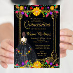 Mexicaanse bloemen met gouden zwarte Quinceañera Kaart<br><div class="desc">Mexicaanse bloemen met Gouden Zwarte Quinceañera Uitnodiging Mis Quince Anos,  15e verjaardag, </div>