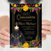 Mexicaanse bloemen met gouden zwarte Quinceañera Kaart