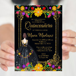 Mexicaanse bloemen met gouden zwarte Quinceañera Kaart