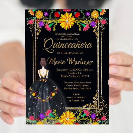 Mexicaanse bloemen met gouden zwarte Quinceañera Kaart