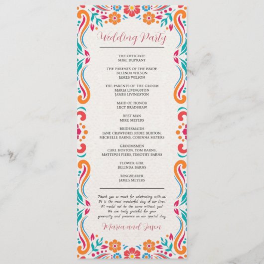 Mexicaanse Bloemen Traditionele Folk Art Fiesta Hu Programmakaart (Achterkant)