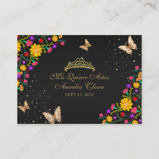 Mexicaanse Bloemen Zwart Goud Vlinder Quinceañera Informatiekaartje (Achterkant)