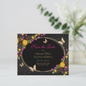 Mexicaanse Bloemen Zwart Gouden Vlinder Quinceaner (Staand voorkant)