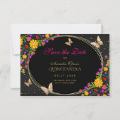 Mexicaanse Bloemen Zwart Gouden Vlinder Quinceaner Notitiekaartje (Voorkant)