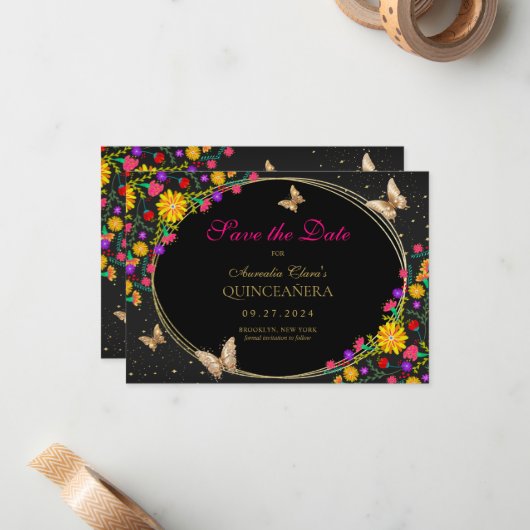 Mexicaanse Bloemen Zwart Gouden Vlinder Quinceaner Notitiekaartje (Voorkant / Achterkant in situ)
